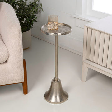 Irida 24" Art Deco Designer Pedestal Drink Table and Decorative End Table with Hammered Round Top and Bell Base